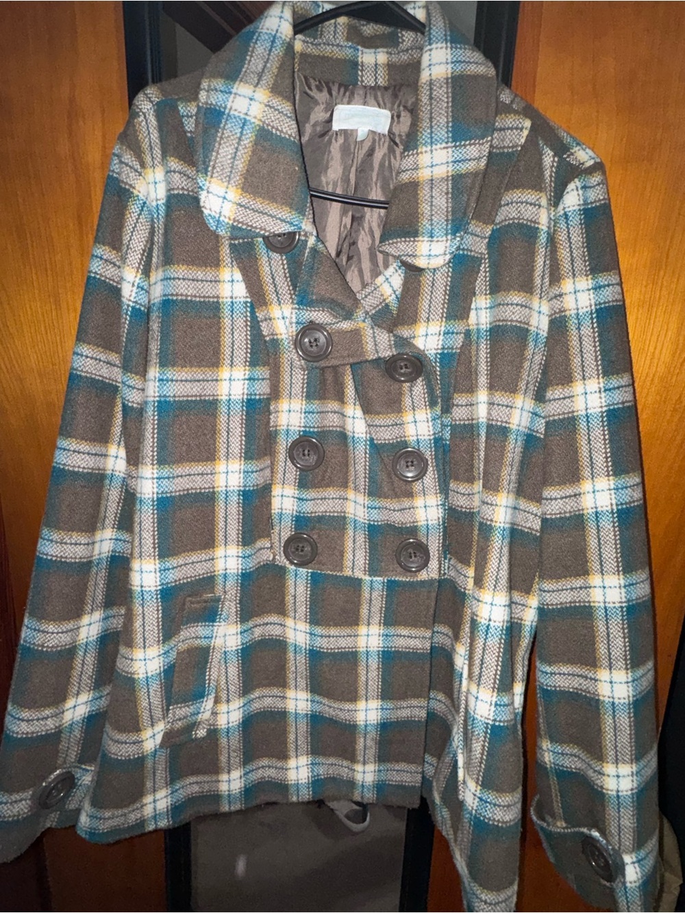 Plaid Double-Breasted Peacoat Jacket in Brown and Teal